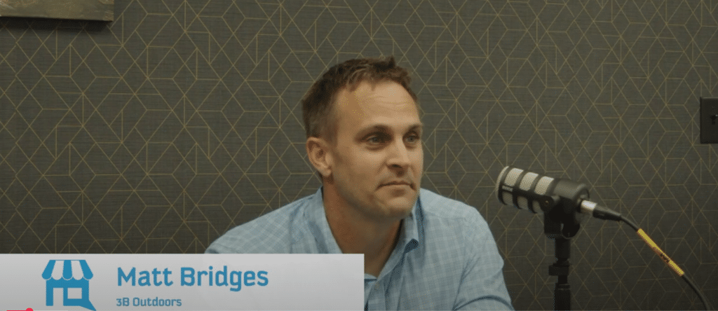 Matt Bridges of 3B Outdoor discusses outdoor equipment in Monroe during a Small Business Stories interview hosted by the Monroe Chamber of Commerce.